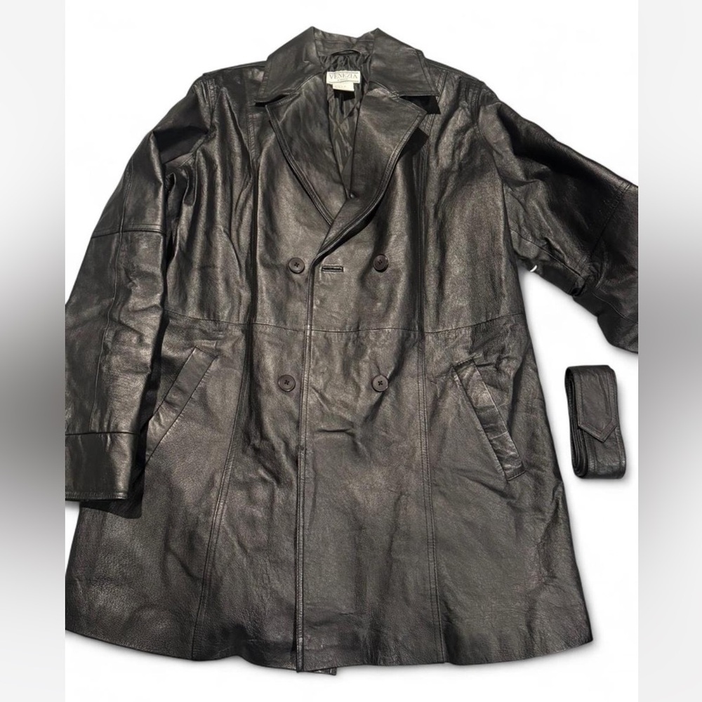 Venezia Black Trench Coat Double-Breasted Wide Lapels - Picture 6 of 6